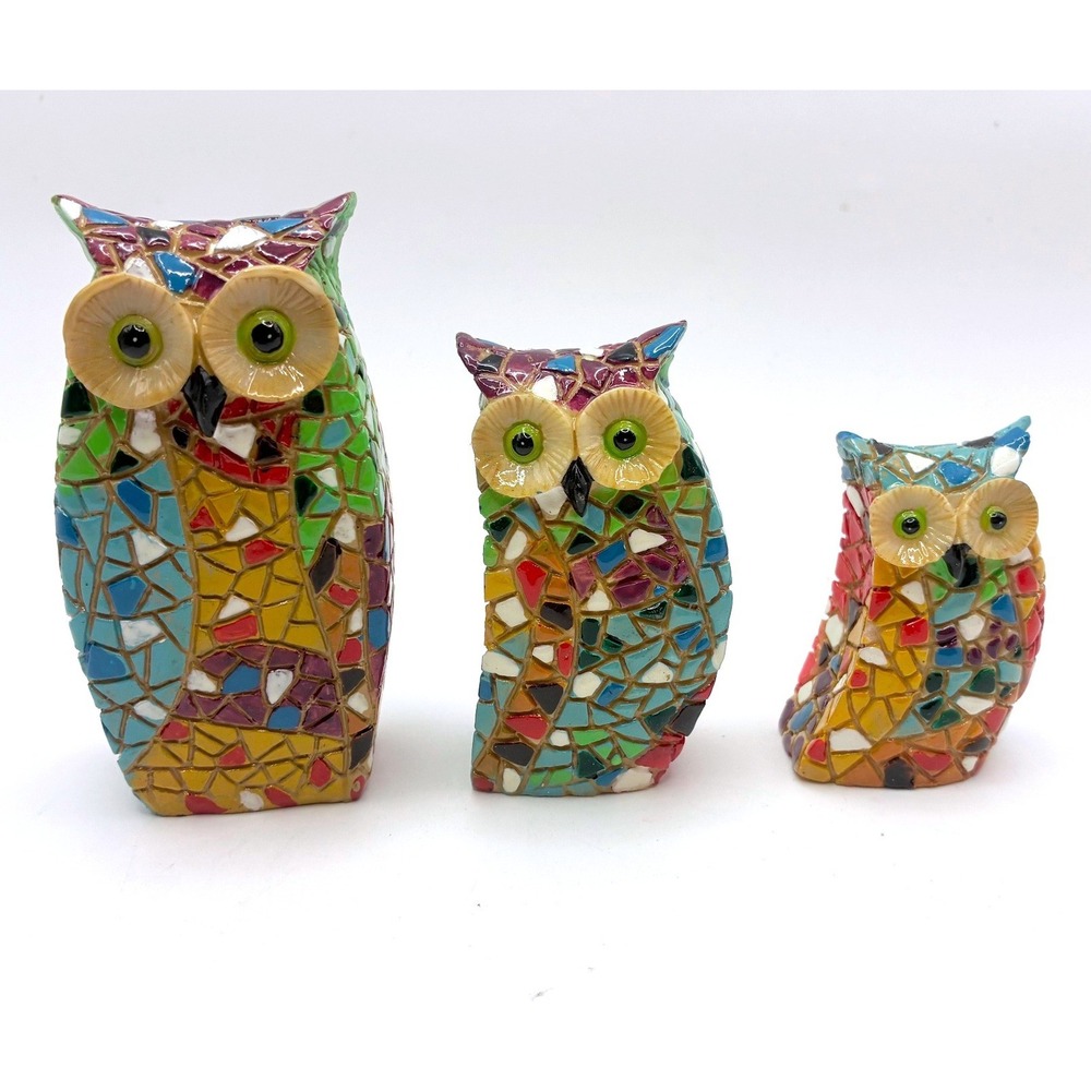 Owl Figurine Set 3in 2in 1.5in Multicolor Mosaic Style Resin Decor